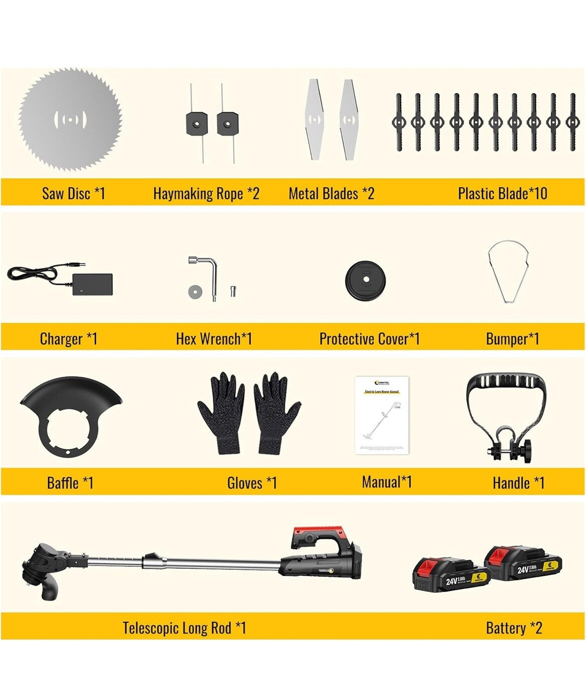 Conentool 24V Cordless Strimmer - Grass Trimmers with Batteries and 15 Blades