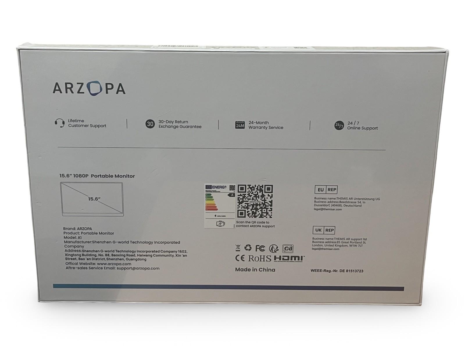 ARZOPA Portable Monitor, 15.6'' 1080P USB-C & HDMI Connectivity WARRANTY