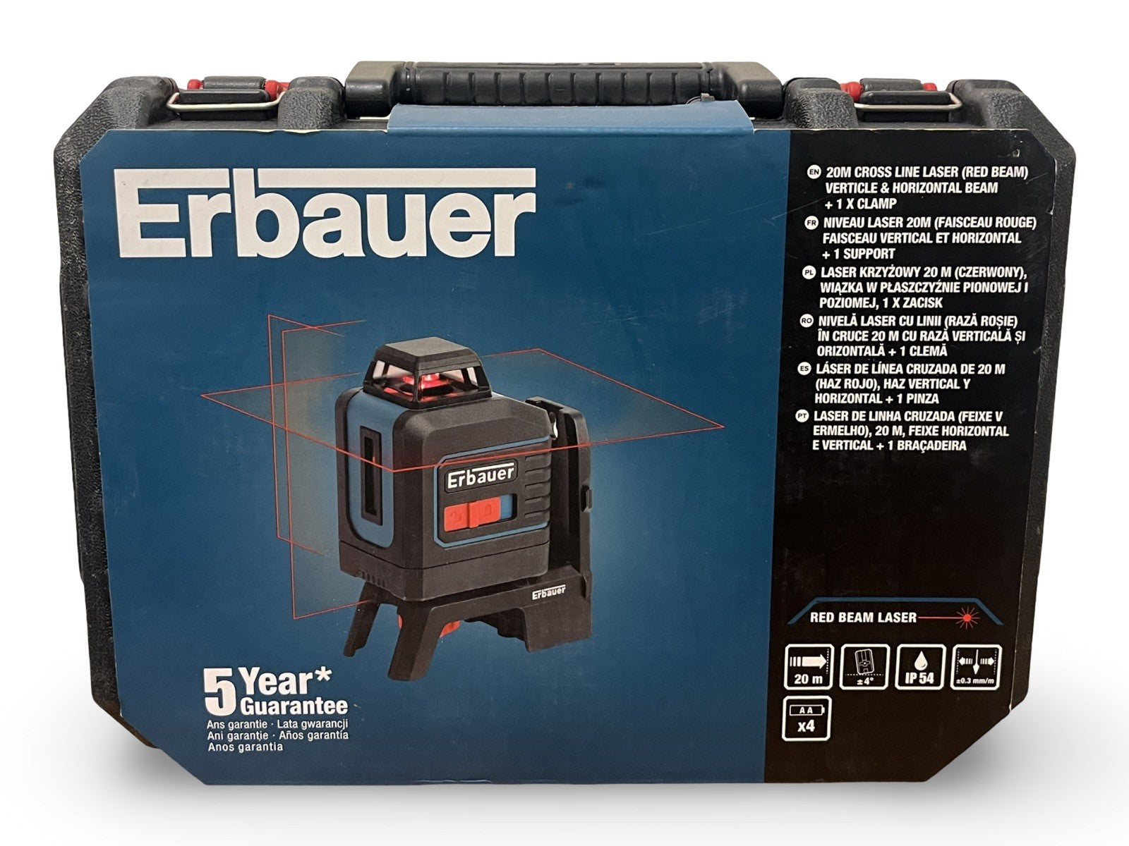 Erbauer 20m Red Cross Line Self-Levelling Laser Level Vertical & Horizontal Beam