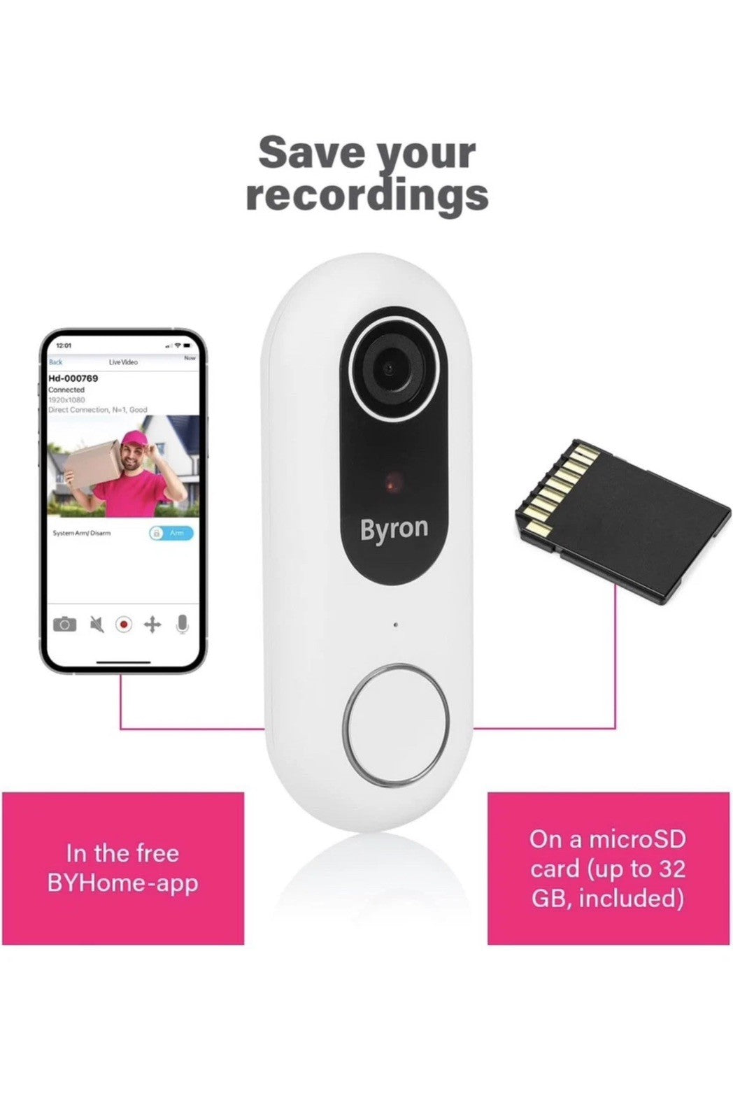 Byron Wired Wifi Video Doorbell DIC-23712 White SdCard Included NO SUBSCRIPTION