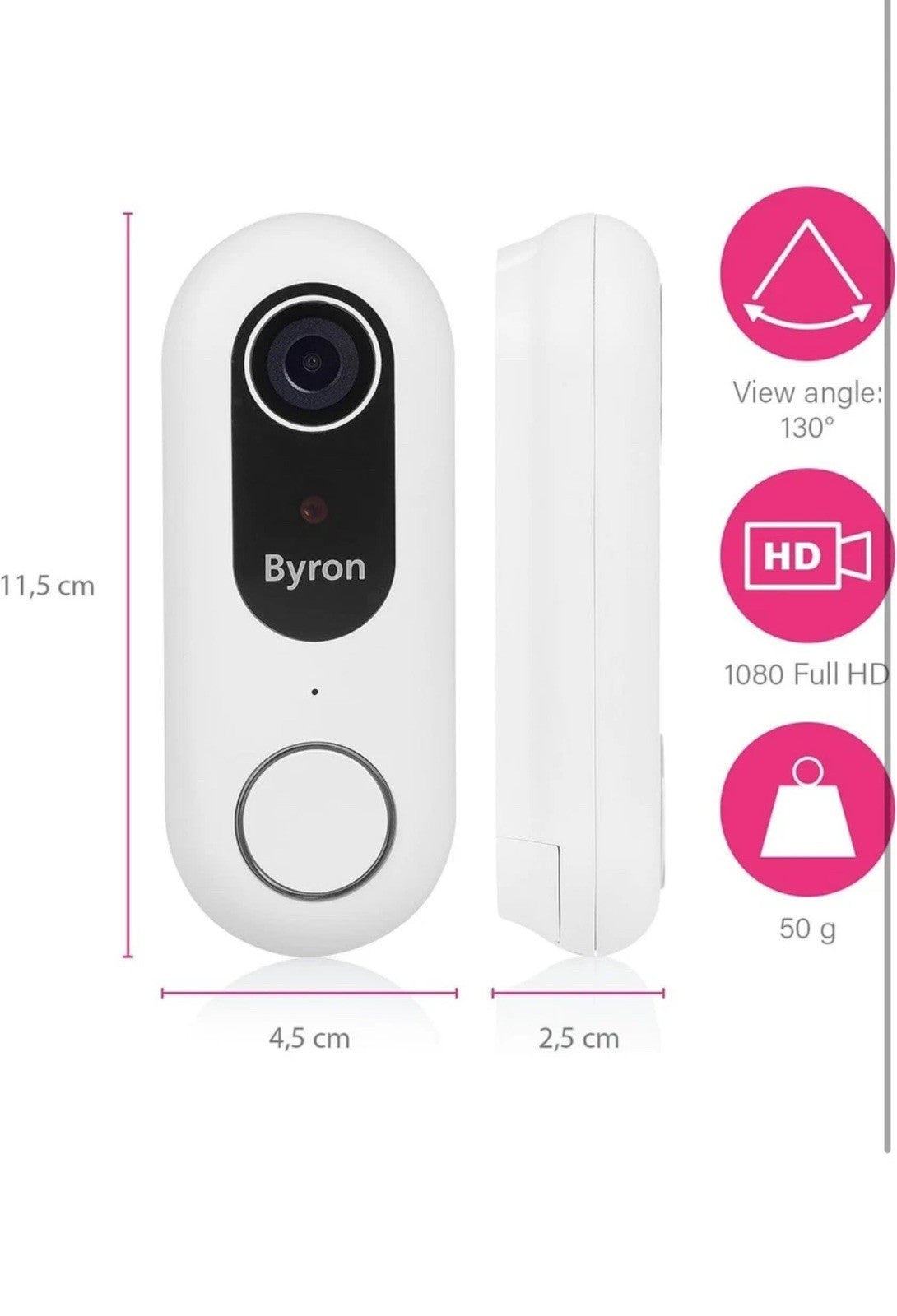 Byron Wired Wifi Video Doorbell DIC-23712 White SdCard Included NO SUBSCRIPTION