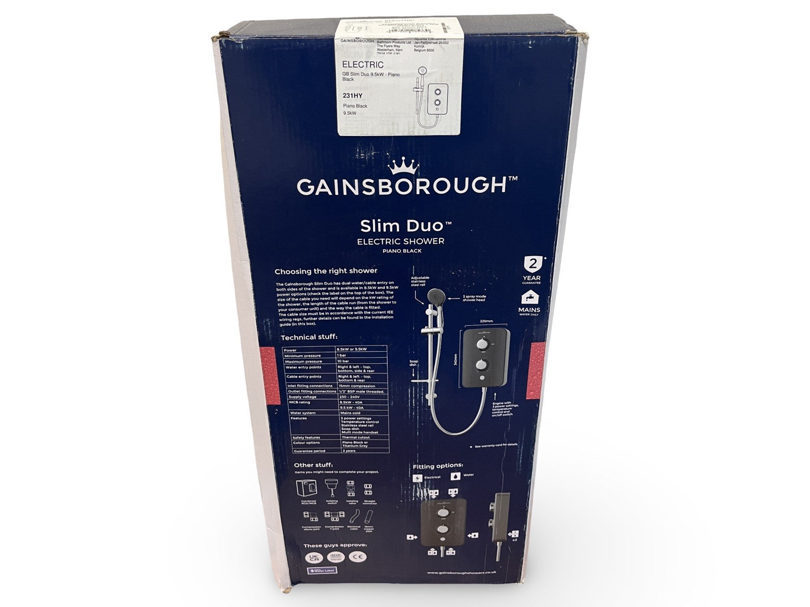 Gainsborough Electric Shower Slim Duo 9.5 kW Piano Black NEW FREE P&P